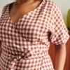 front of the natural linen wrap dress in gingham