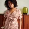 front of the linen summer wrap dress in gingham