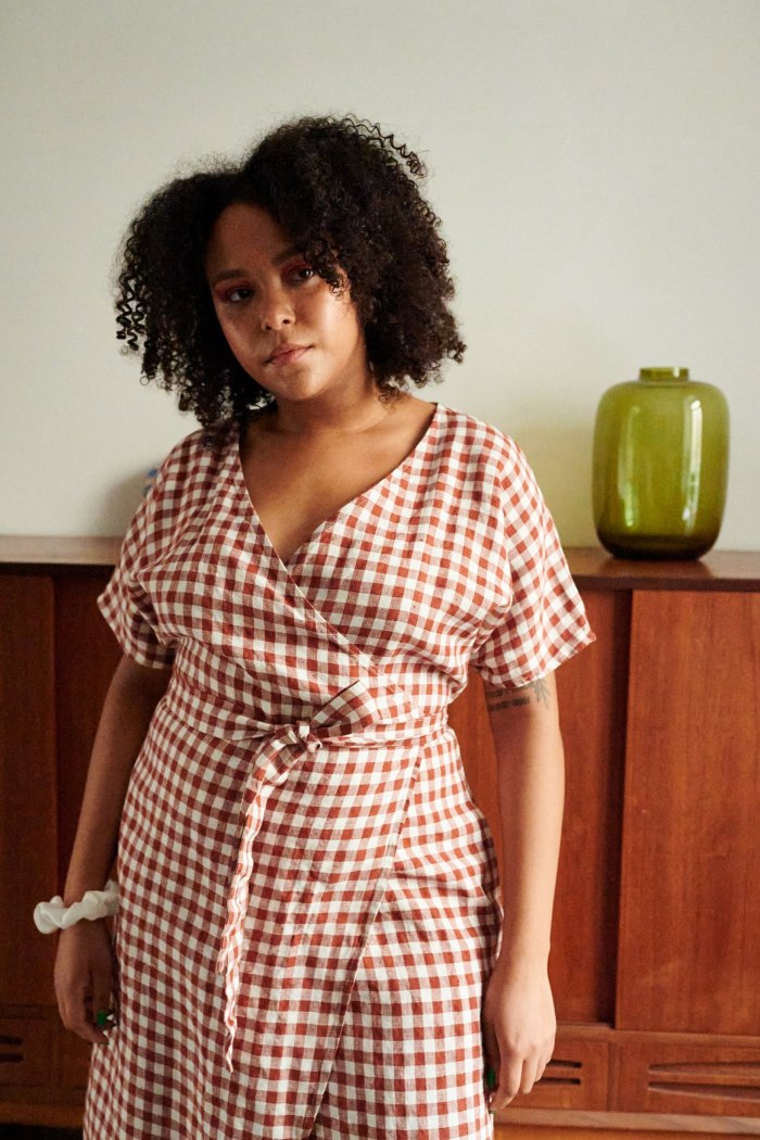front of the linen summer wrap dress in gingham