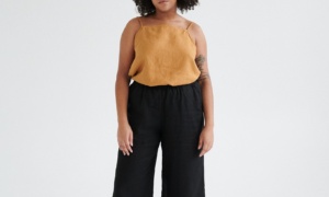 Women wearing black linen culottes