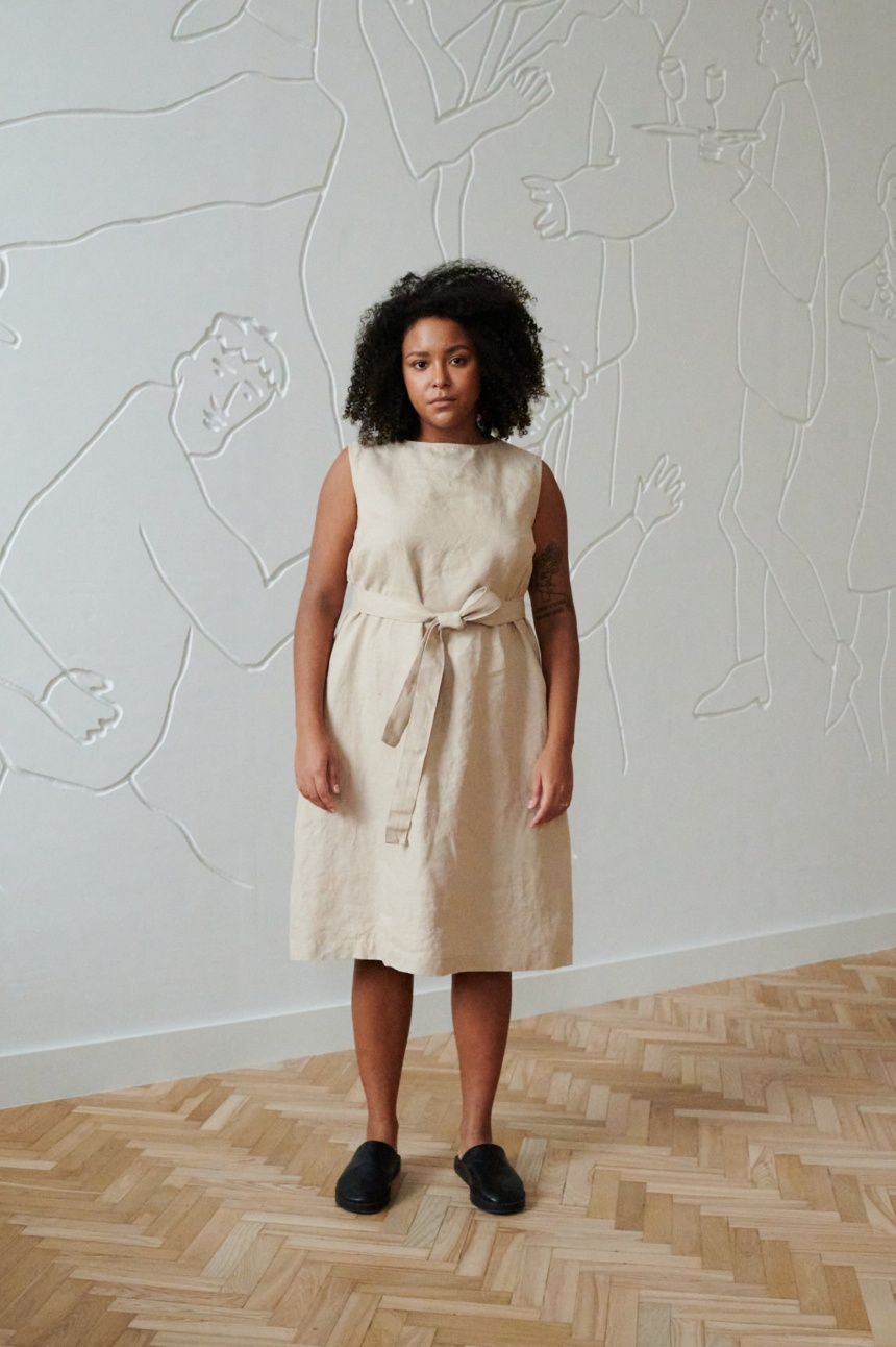 Midi linen dress in cream color
