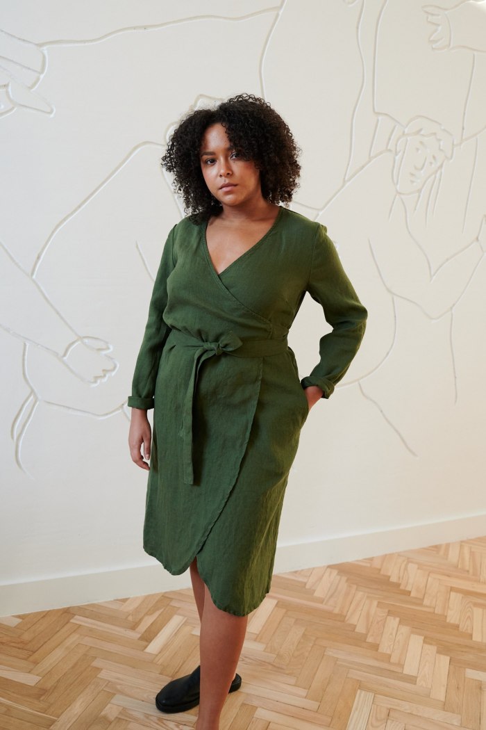 Forest green wrap linen dress with long sleeves