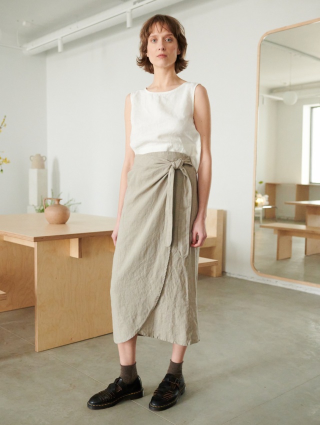 A wrap linen skirt and a sleeveless linen top outfit