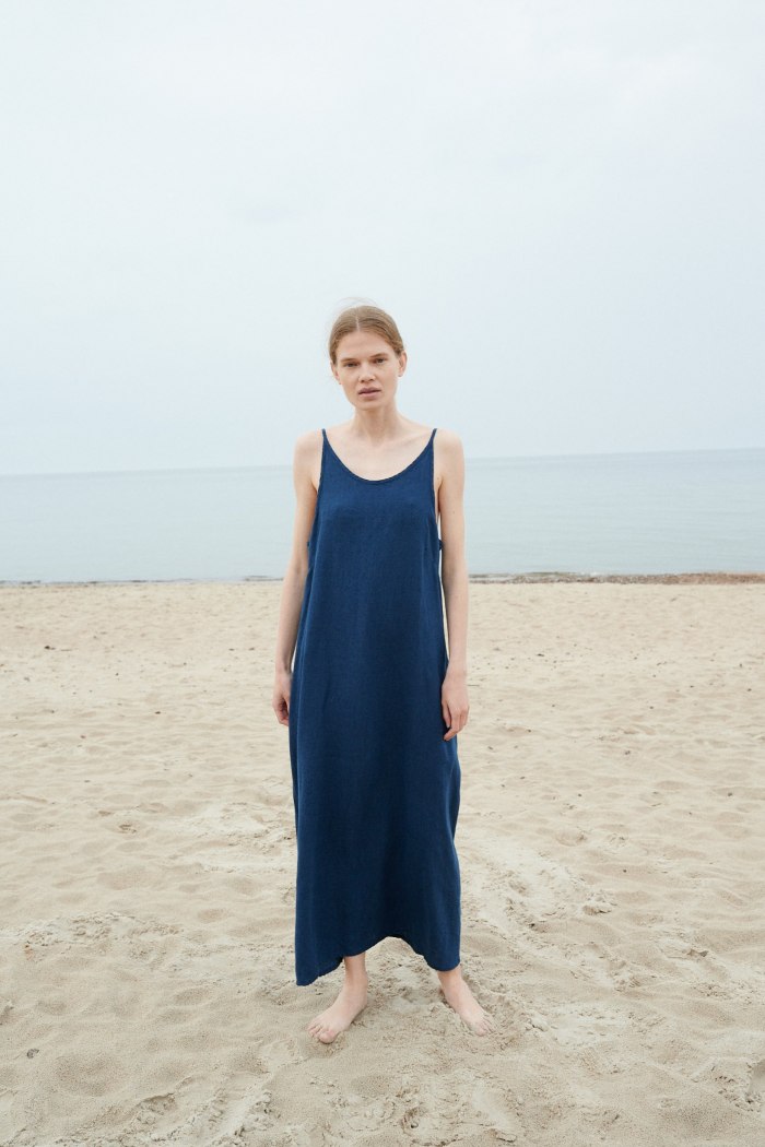 A maxi linen summer dress with a round, higher front neckline