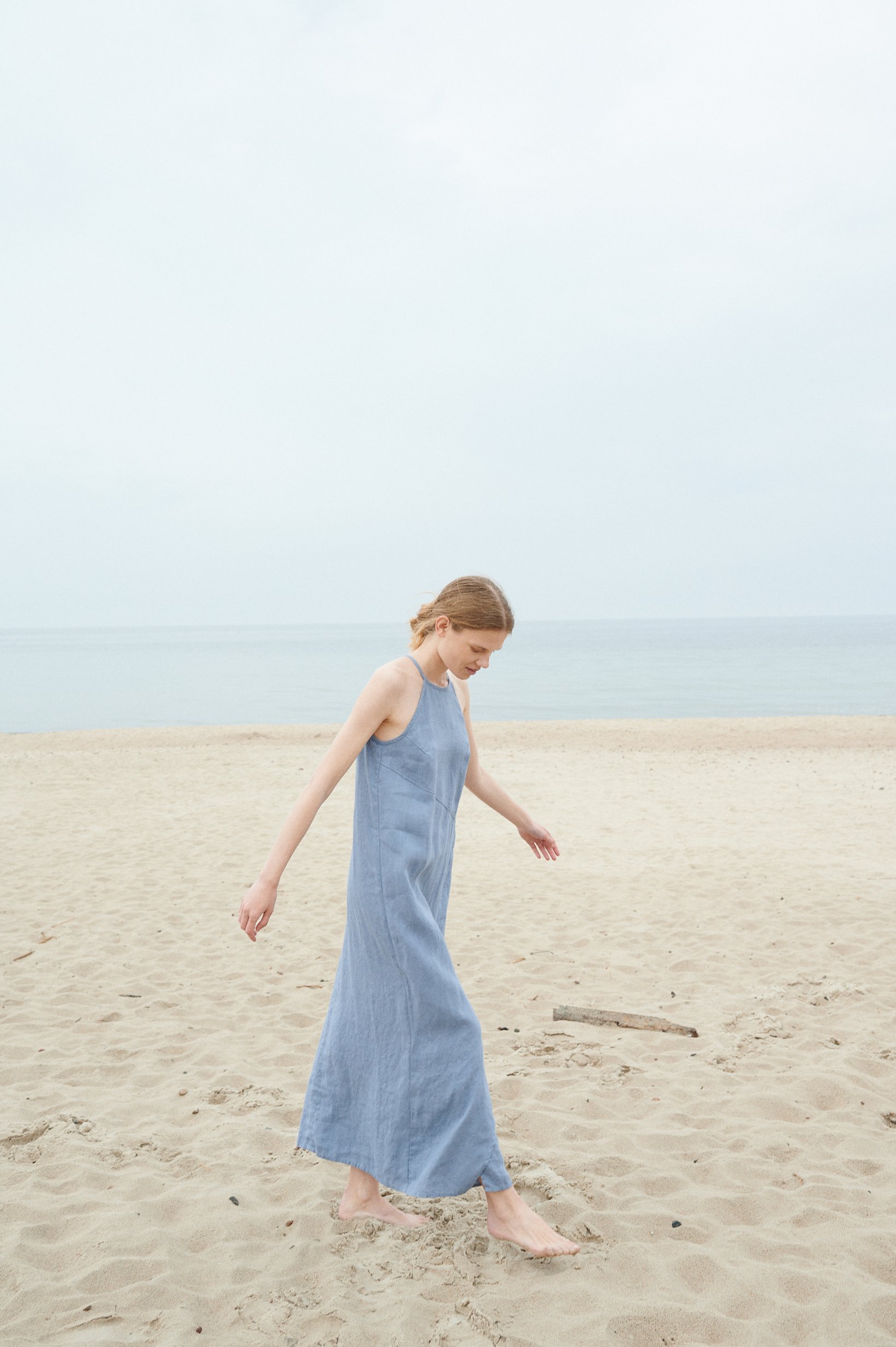 A sky blue airy linen summer with a halter neck