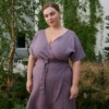 Front of purple linen wrap dress