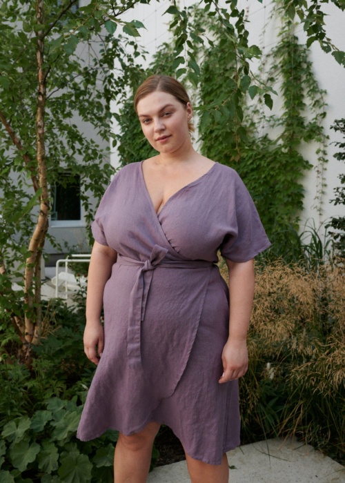 Front of purple linen wrap dress