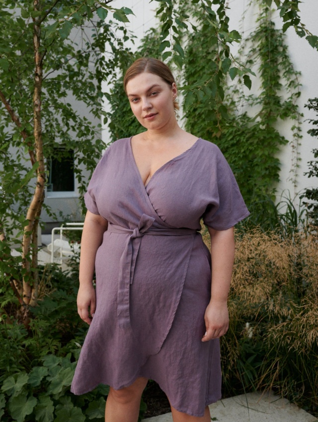 Front of purple linen wrap dress