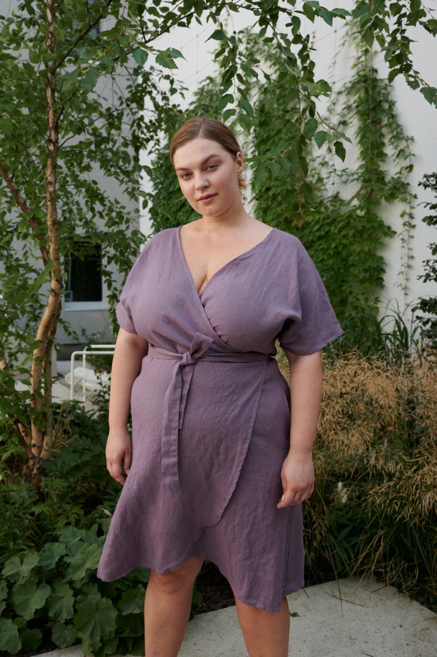 Front of purple linen wrap dress