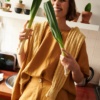 An oversized linen top with a round neckline
