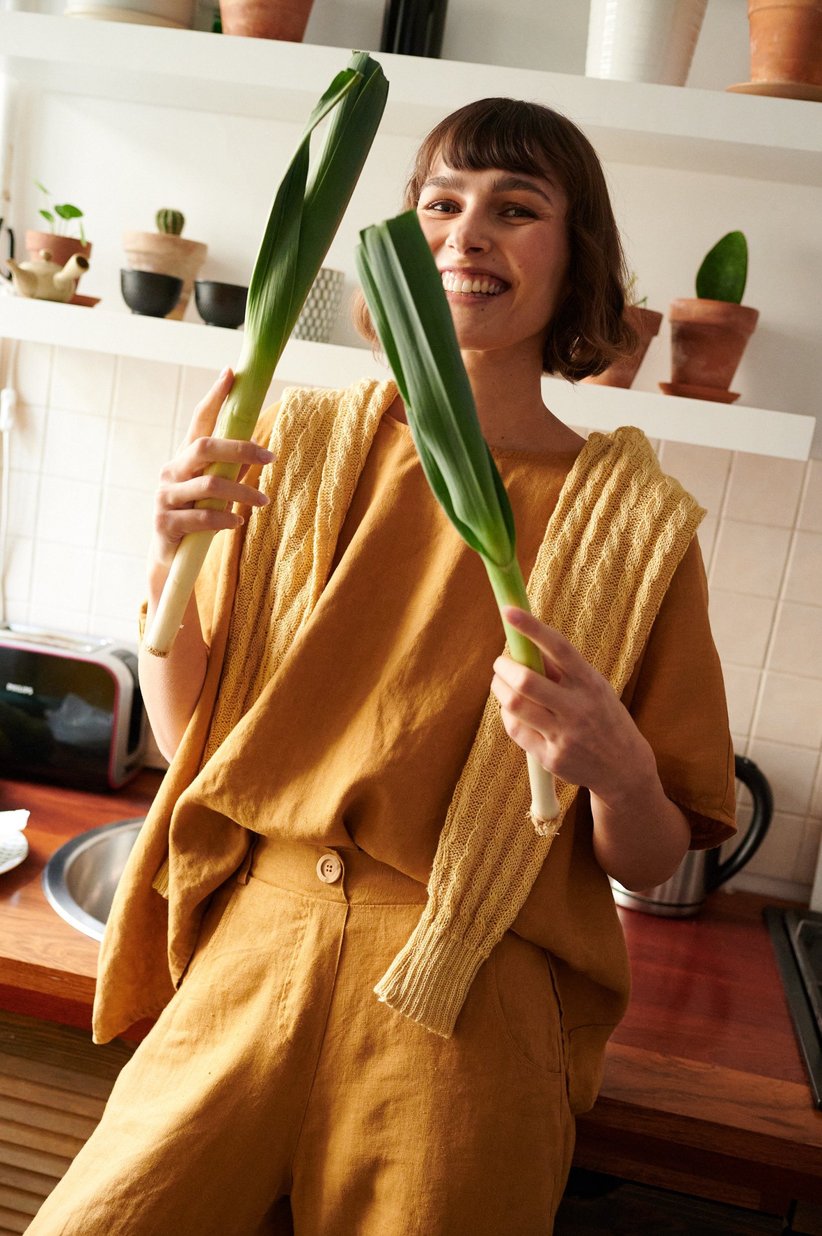 An oversized linen top with a round neckline
