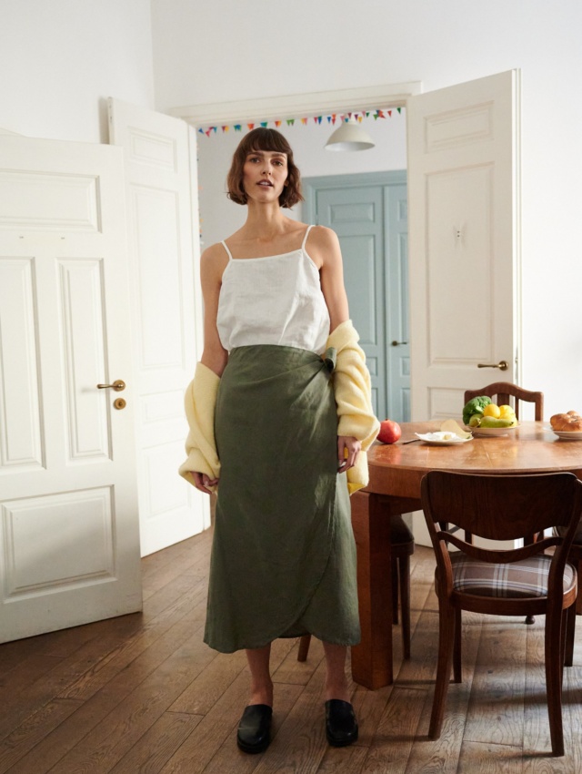 A midi linen wrap skirt and a white linen summer top outfit