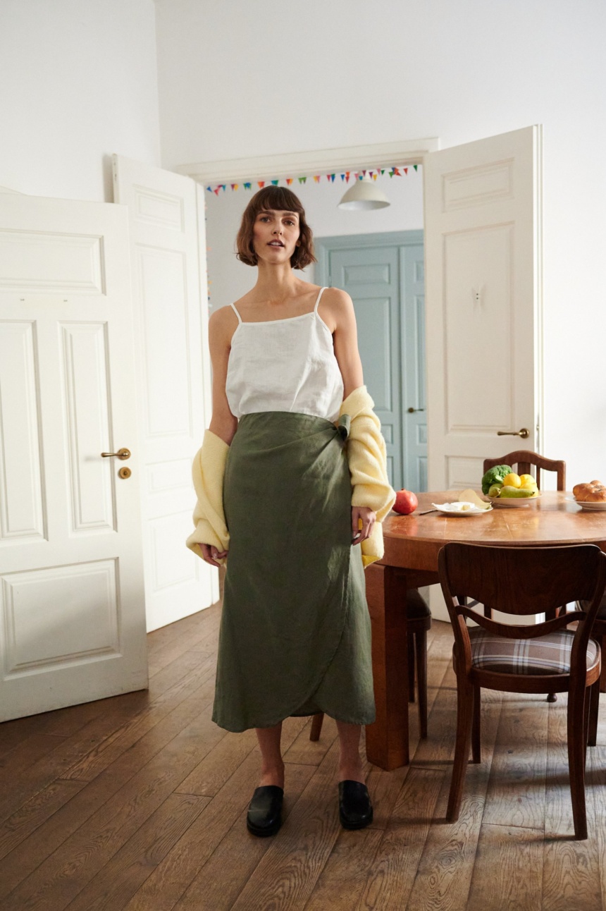 A midi linen wrap skirt and a white linen summer top outfit