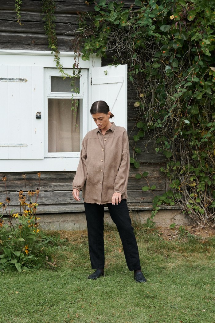 Linenfox model in pure linen brown button down shirt