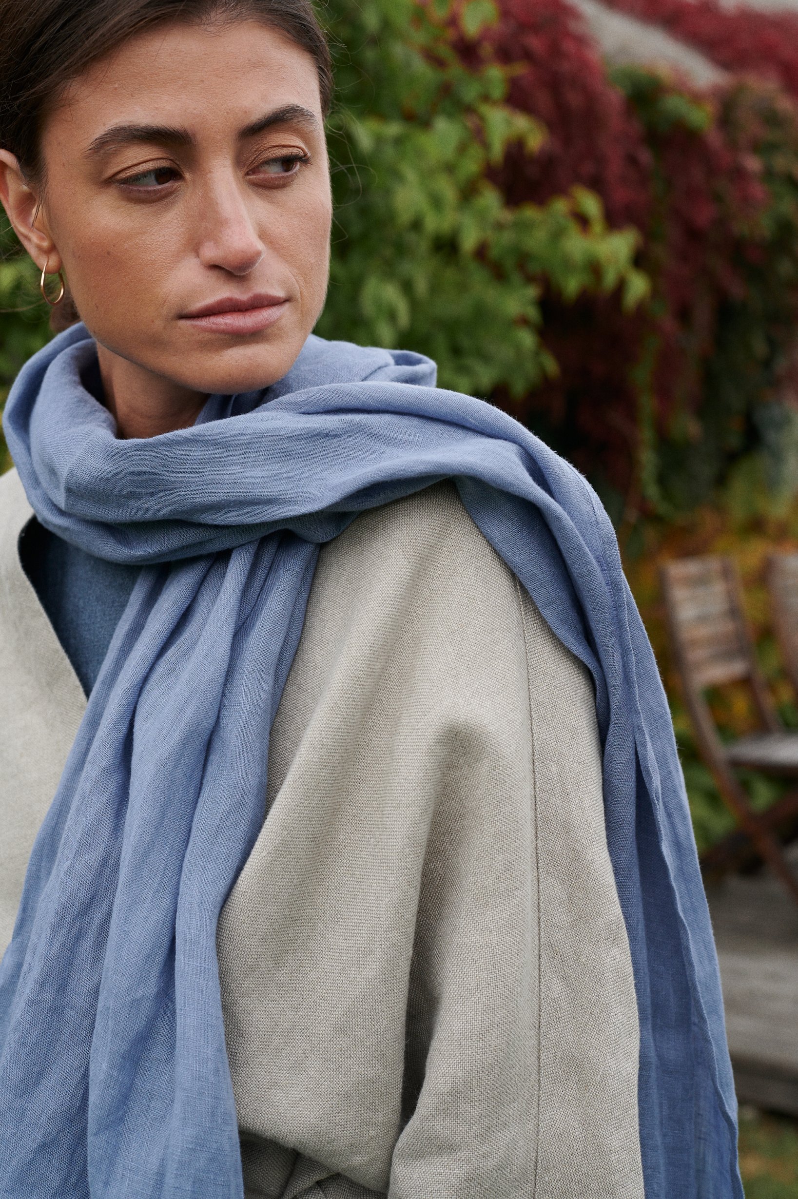 Organic linen scarf in blue linen color