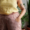 Pockets of brown gingham linen trousers