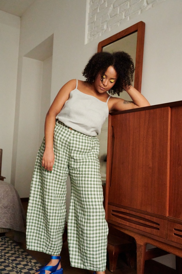 Pine Green Gingham Linen Trousers Linen Pants Wide Leg Linen Trousers