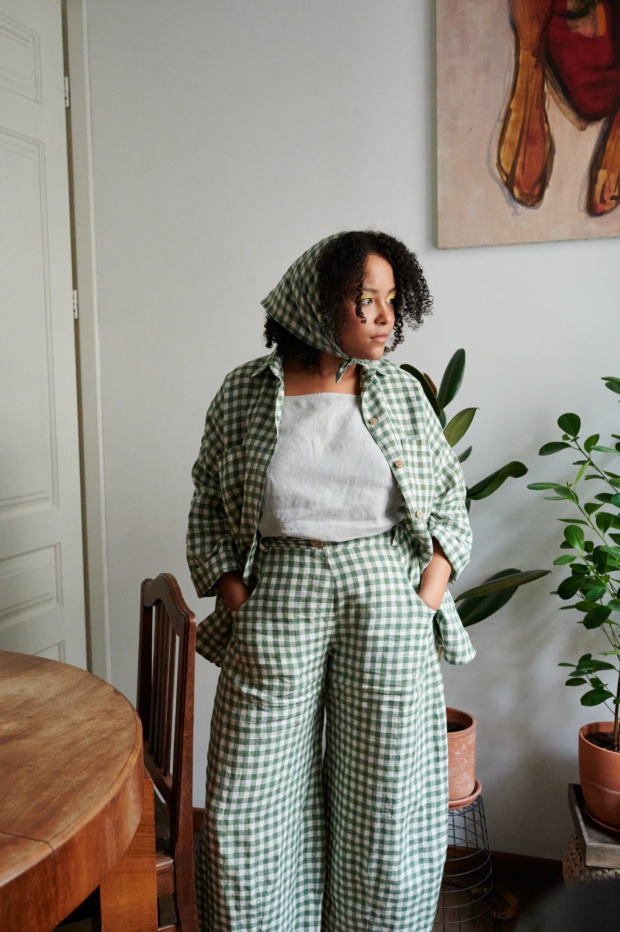 Linenfox model in green gingham button down and matching trousers