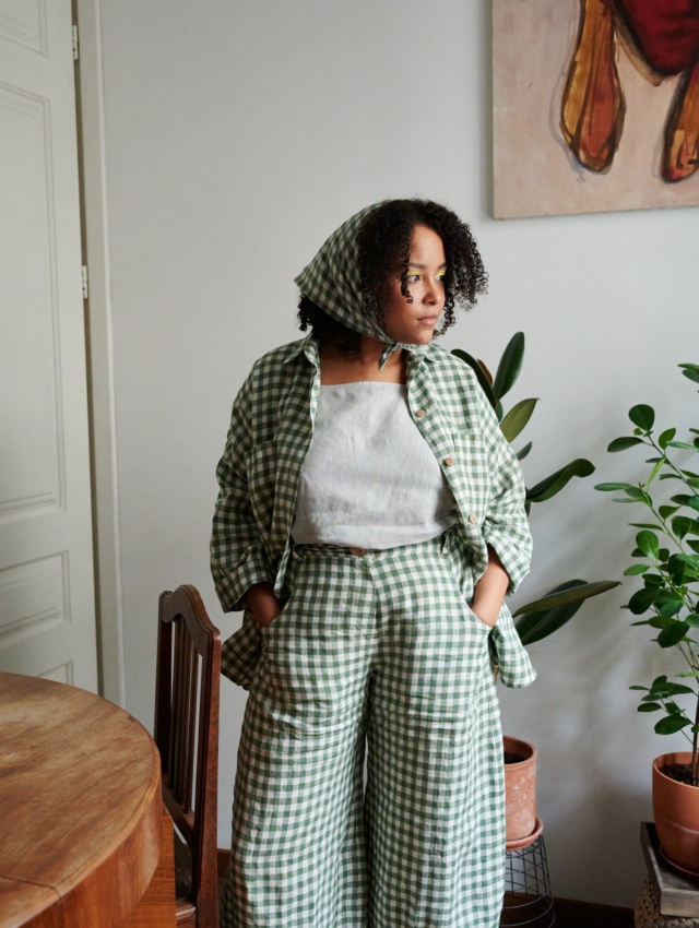 Linenfox model in green gingham button down and matching trousers