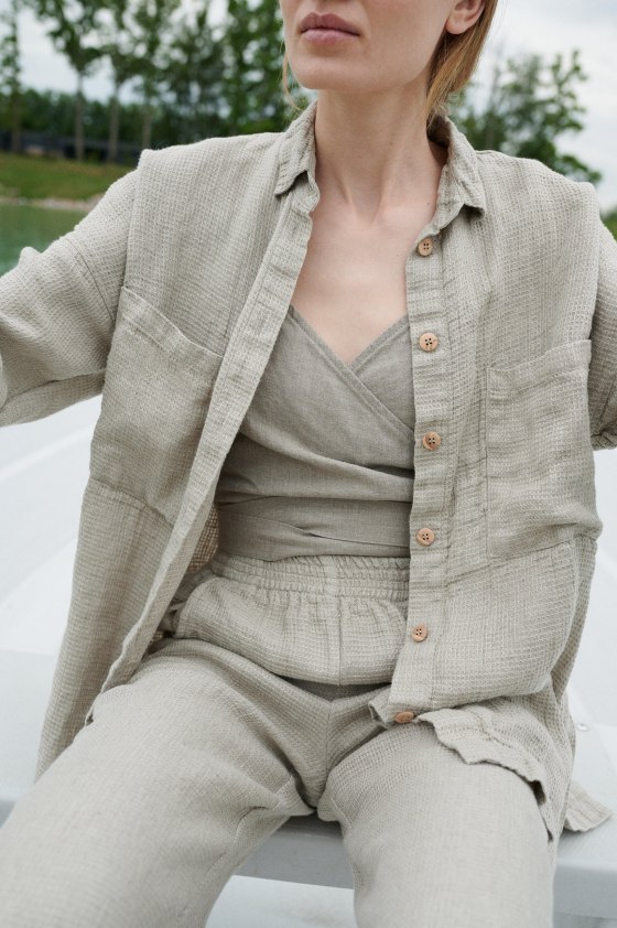 model wearing waffle linen shirt
