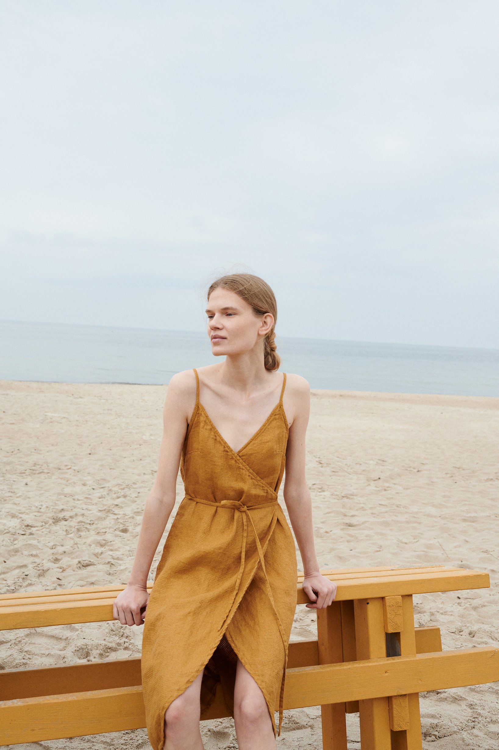 A camel color waffle linen summer dress with spaghetti straps
