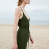 A waffle linen green summer dress with thin spaghetti straps