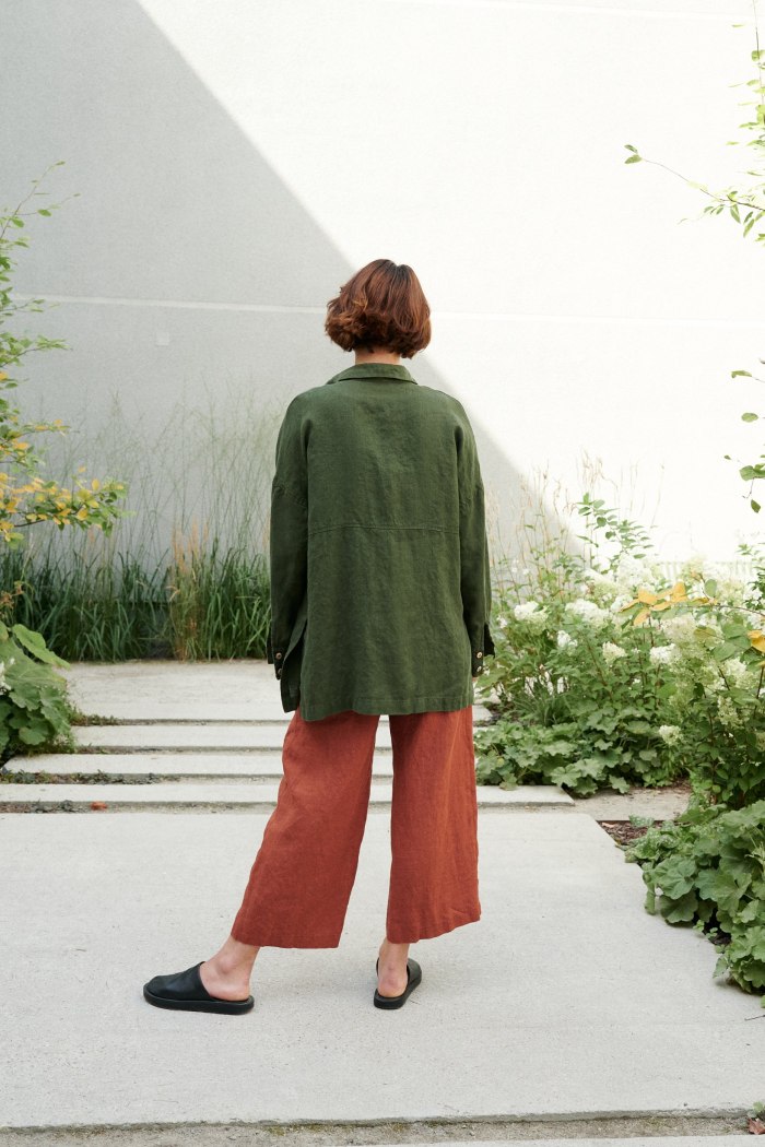 The back of green linen button down shirt