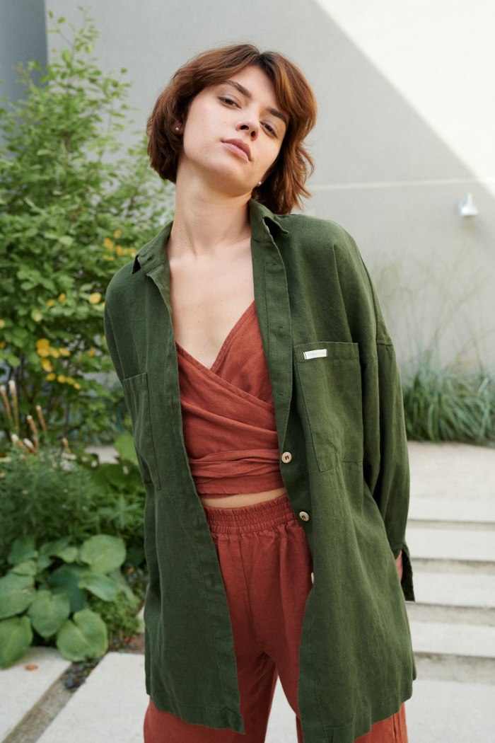 Front of dark green linen button down