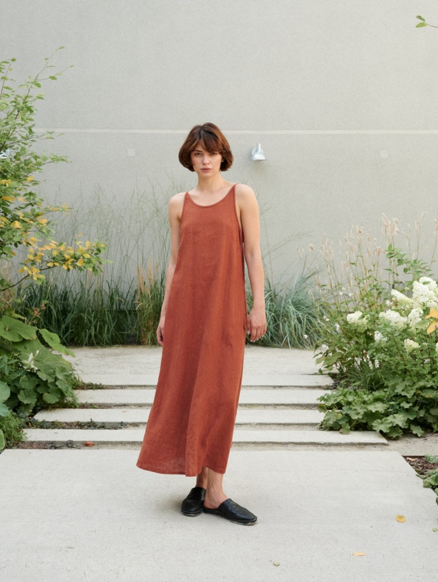 A maxi linen summer dress with spaghetti straps