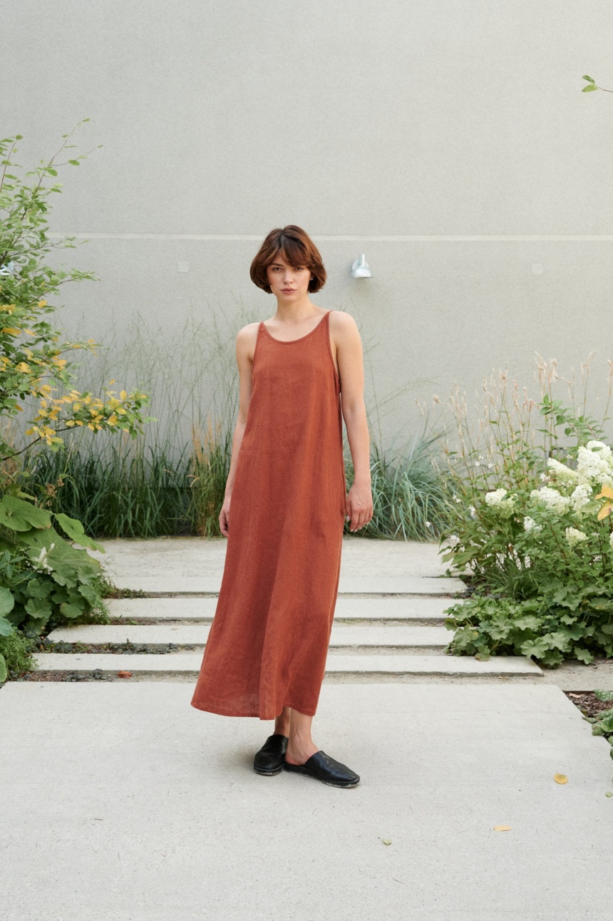 A maxi linen summer dress with spaghetti straps