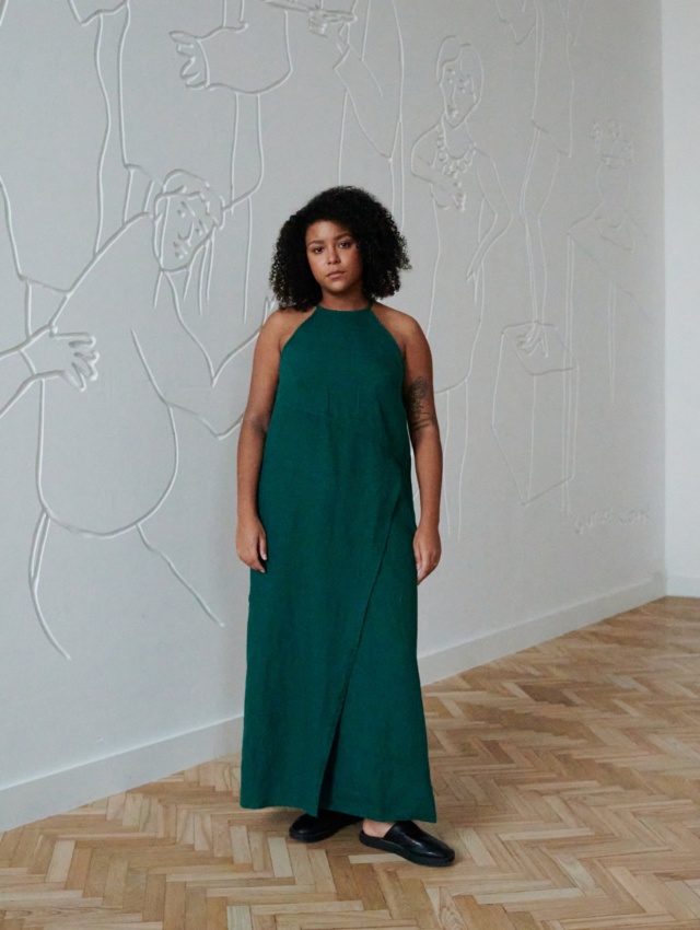 Long green linen dress