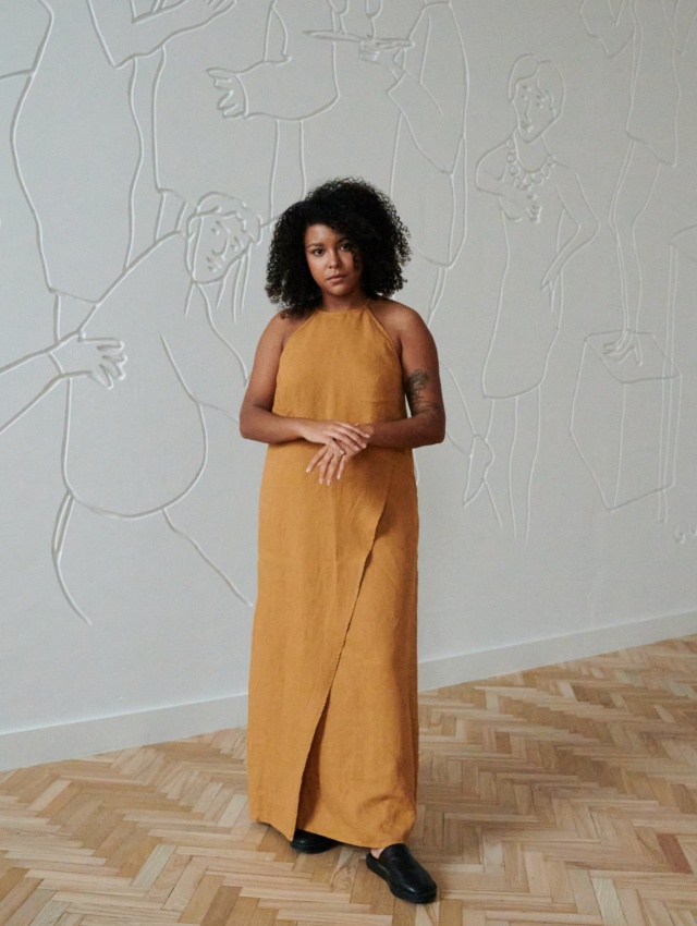 Camel color midi linen dress