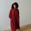Model wearing oversized winter linen dress
