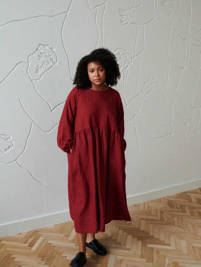 Model wearing oversized winter linen dress