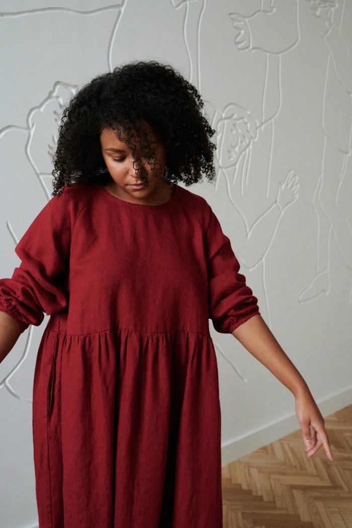 Red linen dress close up detail