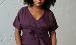 Dark purple wrap linen dress with dropped sleeves