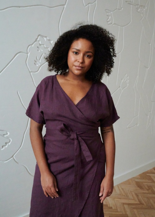 Dark purple wrap linen dress with dropped sleeves