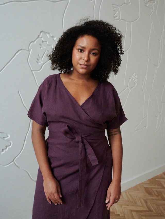 Dark purple wrap linen dress with dropped sleeves