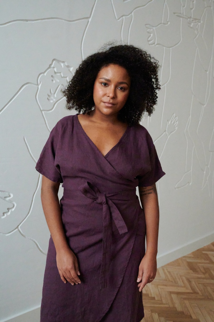 Dark purple wrap linen dress with dropped sleeves