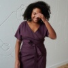 Eggplant wrap linen dress with dropped sleeves and a V-neckline