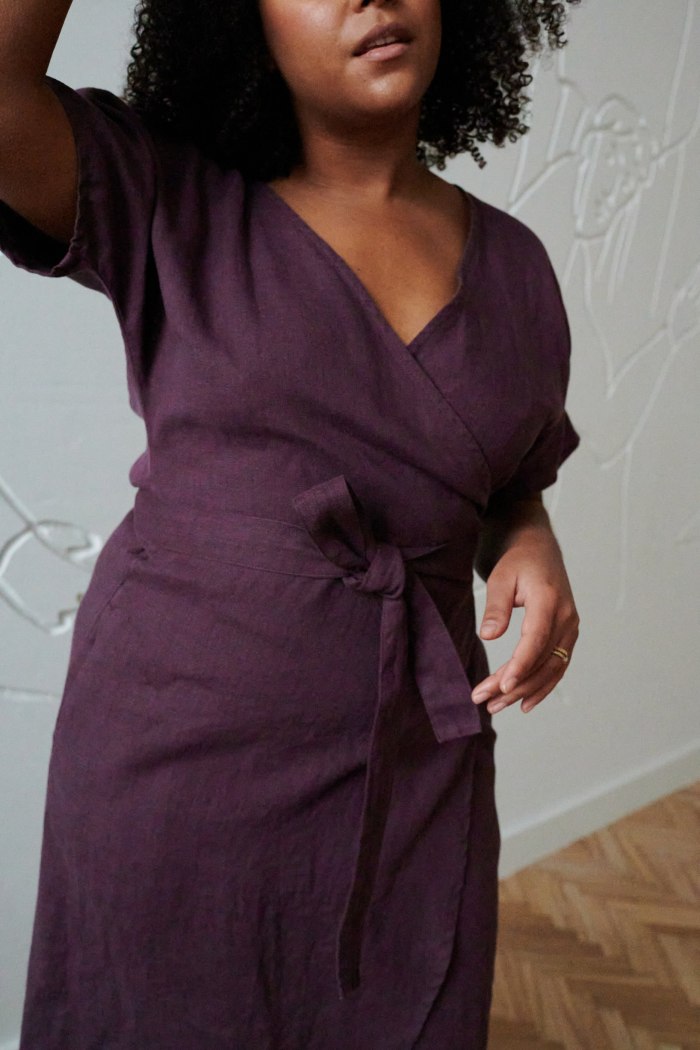 Purple wrap linen dress with ties wrapped around the waist