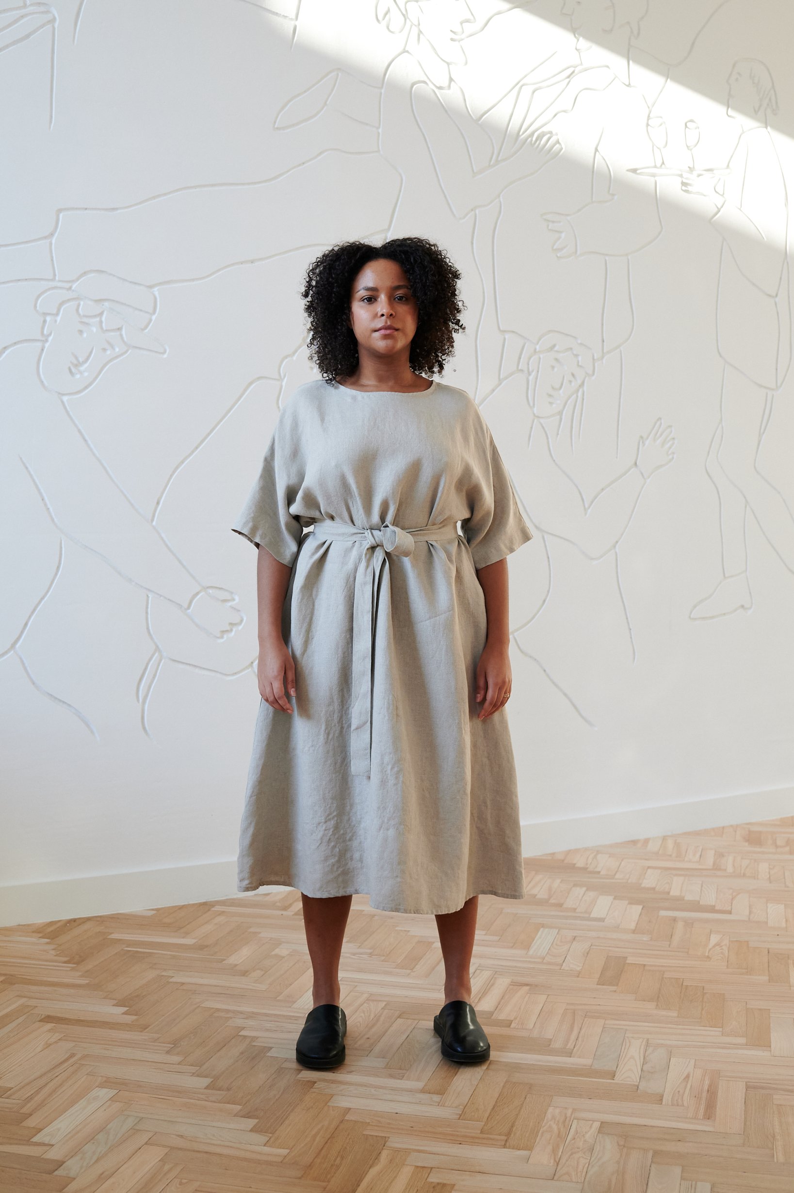 Long A-line natural grey linen dress with round neckline