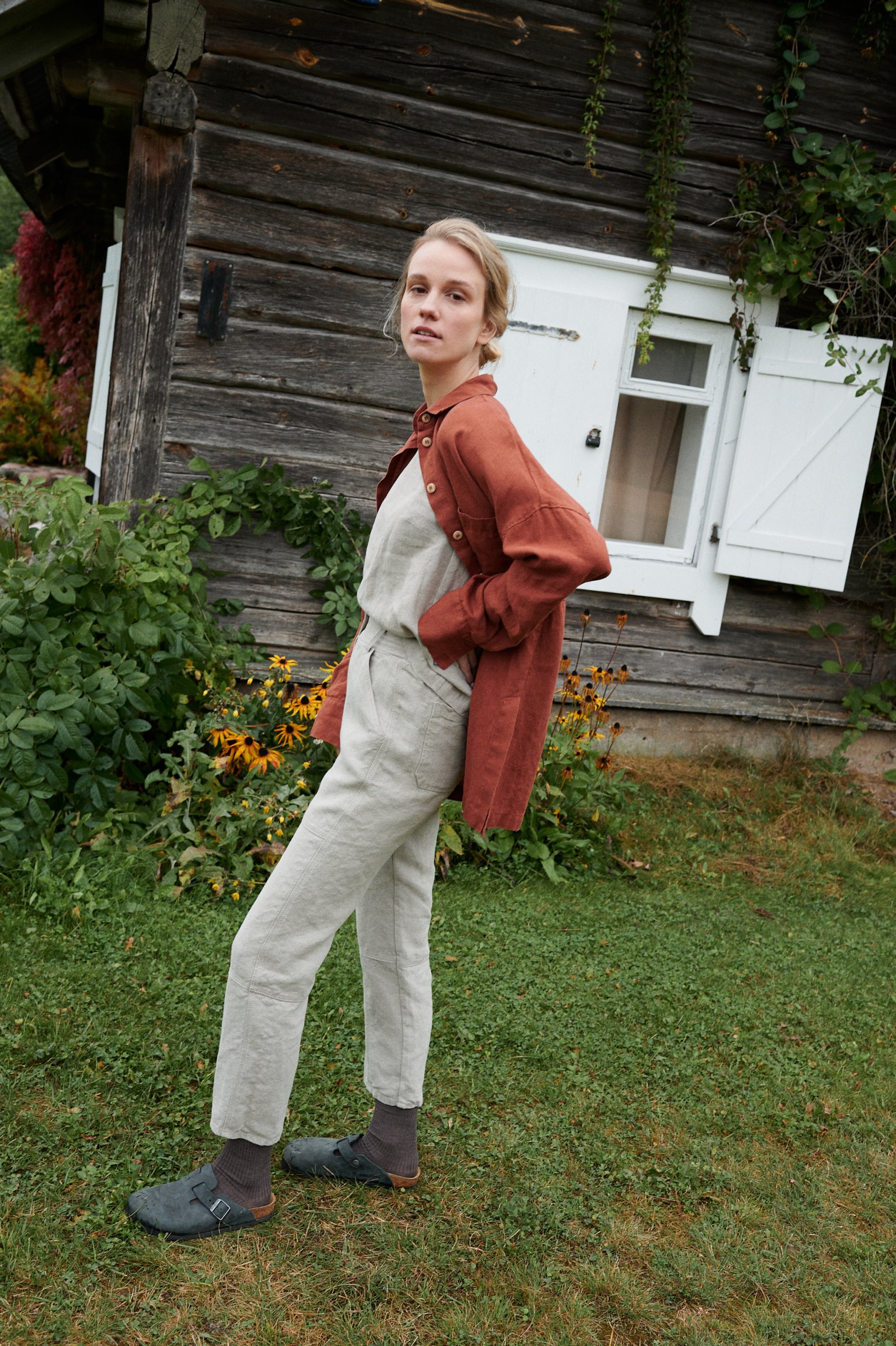 Unbuttoned oversized linen shirt and natural grey linen trousers outfit