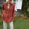 Loose-fitting terracotta linen button down shirt