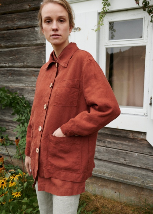 Country girl wearing terracotta linen jacket