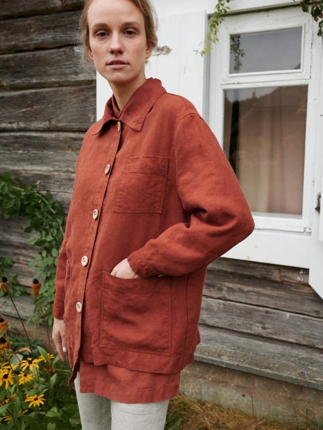 Country girl wearing terracotta linen jacket