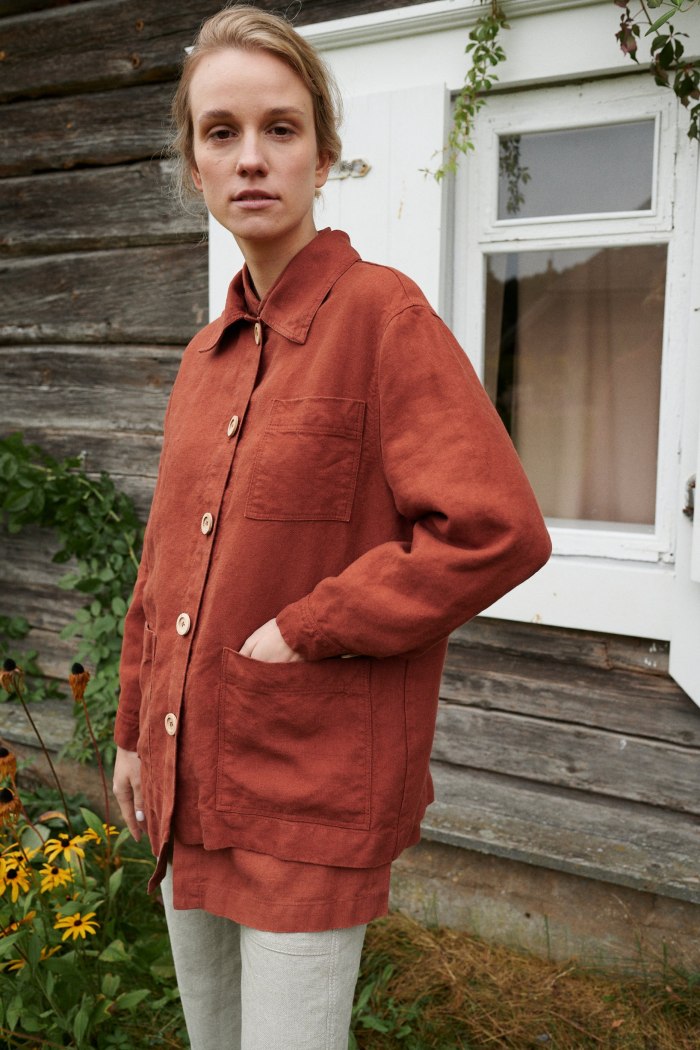 Country girl wearing terracotta linen jacket