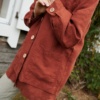 Heavy linen utility jacket with wooden buttons and patch pockets