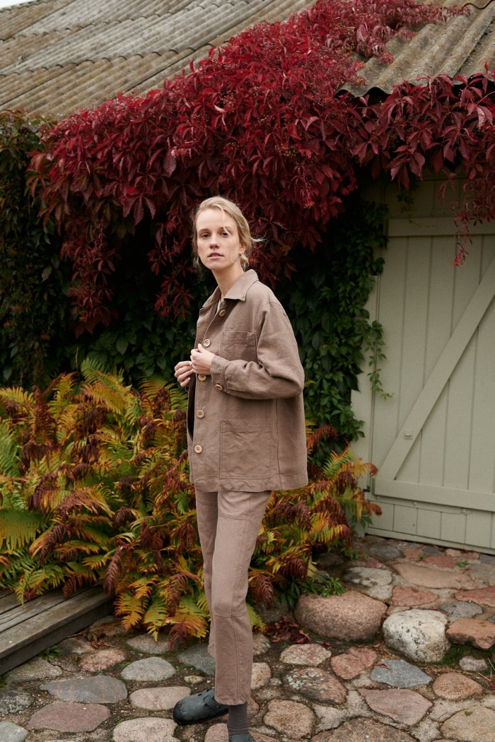 Heavy linen utility jacket paired with matching cacao coloured linen pants