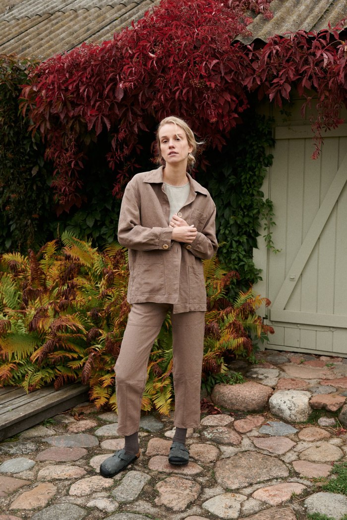 Relaxed fit heavy linen jacket and pants outfit on a model